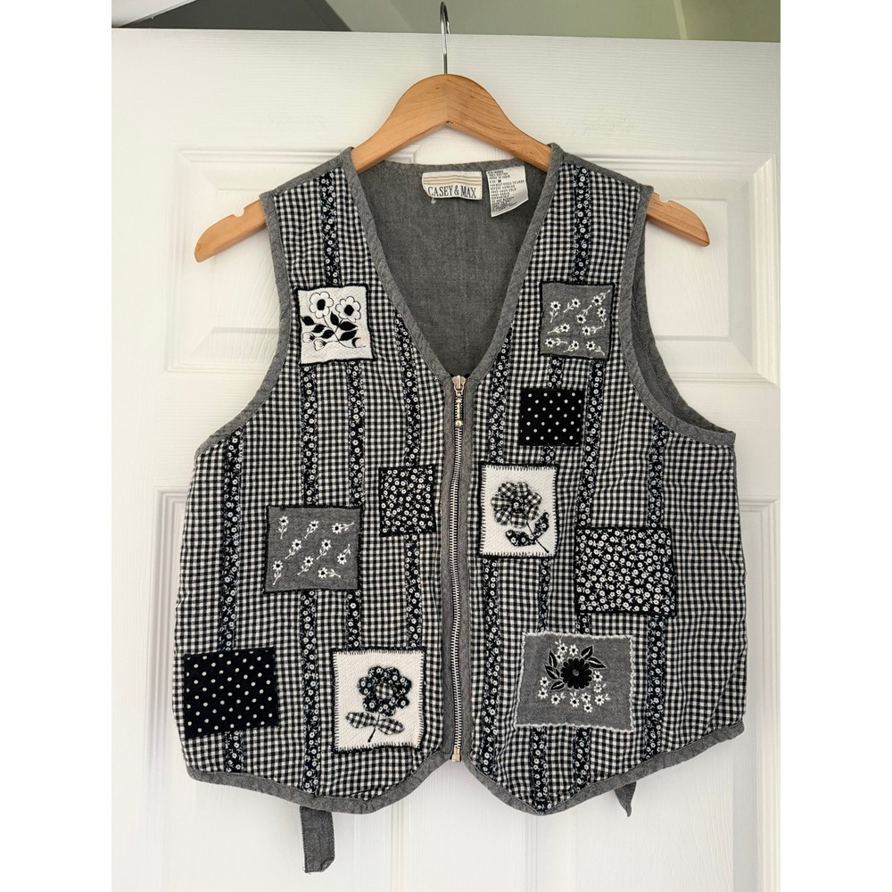 Casey & Max Retro Gingham Patchwork Gray Zip Up Vest Back Tie Cottage Grandma